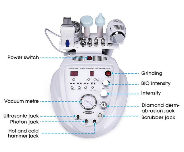 5 in 1 Ultrasonic RF LED Microcurrent Skin Scrubber Peel Skin Cleansing Carving Head Diamond Microdermabrasion Machine