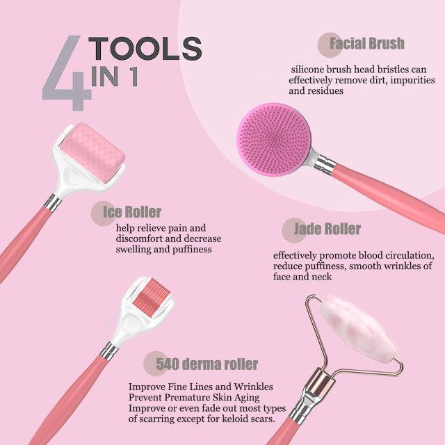 4 in 1 Facial Brush Massager Serum Mask Skin Care 540 Derma Roller Ice Roller Jade Roller Kit