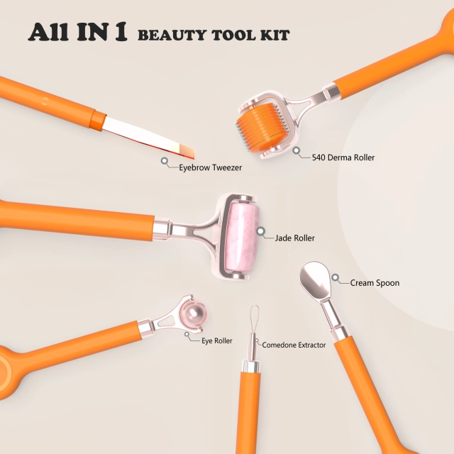 Multifunctional All in 1 Beauty Tool Kit 540 Derma Roller Ice Roller Small Eye Roller Scream Spoon Tweezer White Pink Jade Roller