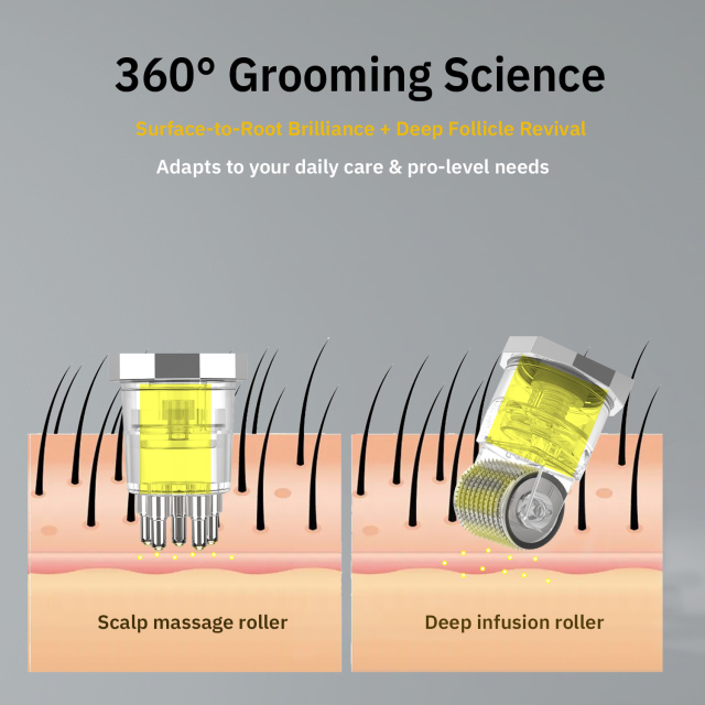 2-in-1 Hair Growth Micro Infusion Needle Roller Combo Hair Care Device with Scalp Massage Balls 5ML Serum Vaccum Pump Tube