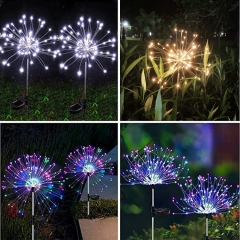 New Style Wholesale Led Firework Lights 90/120/150 leds Solar Copper Wire fireworks Lamp IP65 Super Bright fairework Ground Lamp