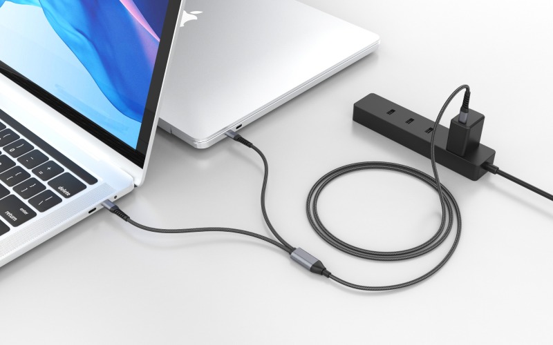 2 in 1 Charge & Sync Braided Cable 100W USB C to Double Type-C Muilt Cable for MacBook, iPad, Phone