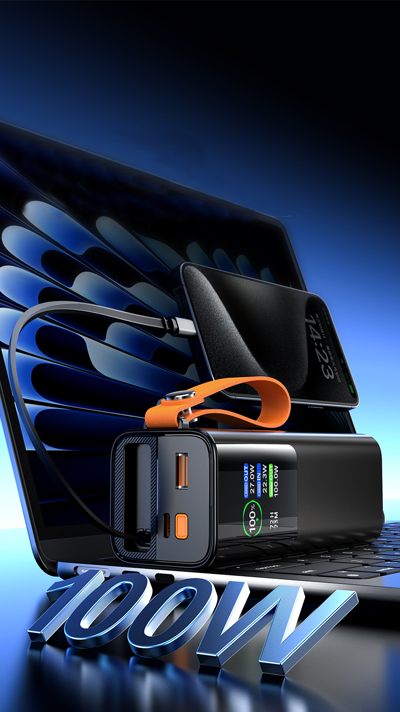 20000mAh Flashlight Power Bank LED Power Station Retractable Cable 100W Super Fast Charging Bank