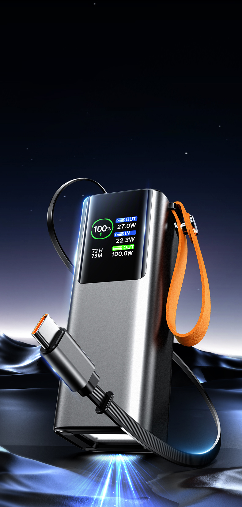 20000mAh Flashlight Power Bank LED Power Station Retractable Cable 100W Super Fast Charging Bank