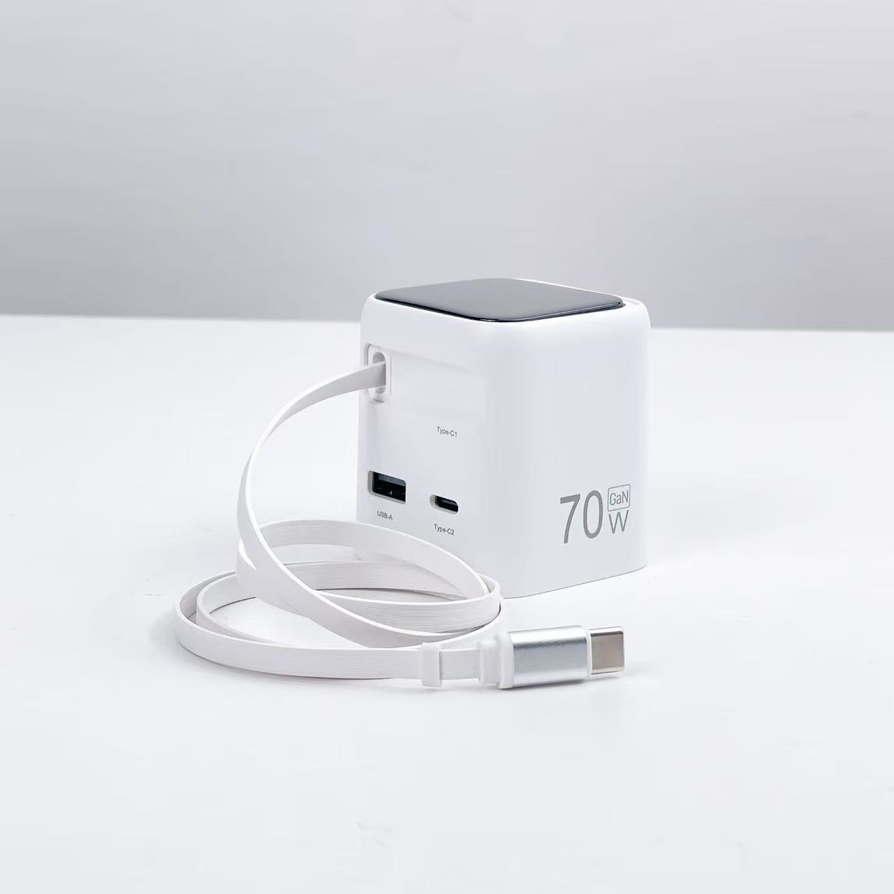 TFT 70W GaN USB‑C Wall Charger with Built‑in Retractable USB‑C Cable TFT Screen Digital Display