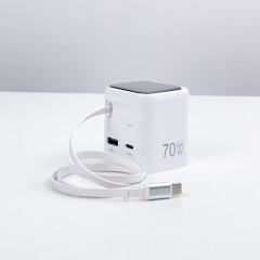 TFT 70W GaN USB‑C Wall Charger with Built‑in Retractable USB‑C Cable TFT Screen Digital Display