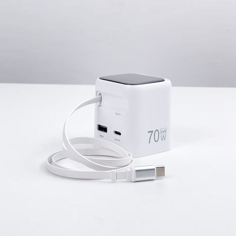 TFT 70W GaN USB‑C Wall Charger with Built‑in Retractable USB‑C Cable TFT Screen Digital Display