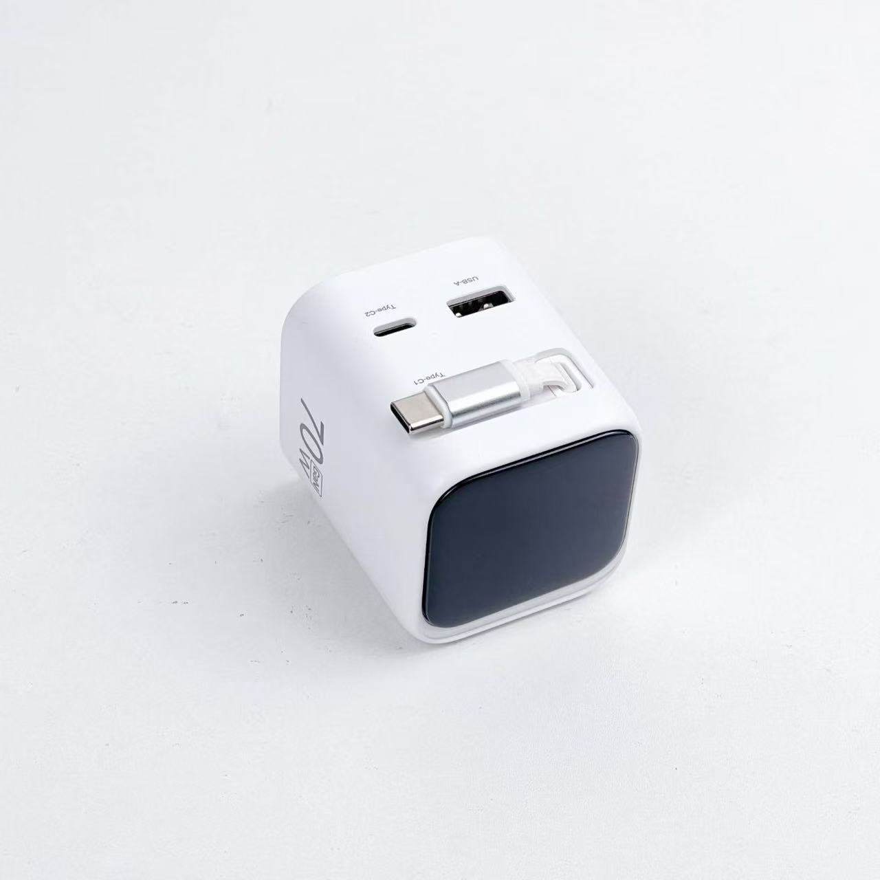 TFT 70W GaN USB‑C Wall Charger with Built‑in Retractable USB‑C Cable TFT Screen Digital Display
