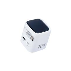 TFT 70W GaN USB‑C Wall Charger with Built‑in Retractable USB‑C Cable TFT Screen Digital Display