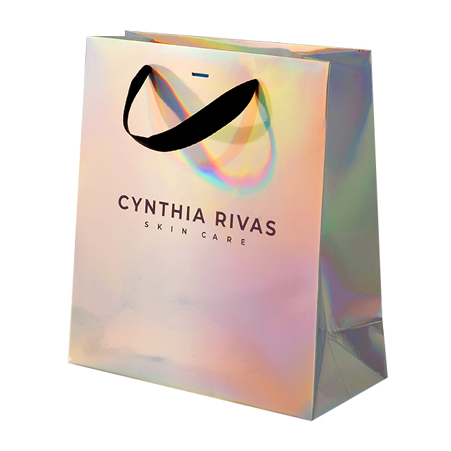 Custom luxury logo prinred gift packaging holographic paper bag with handle