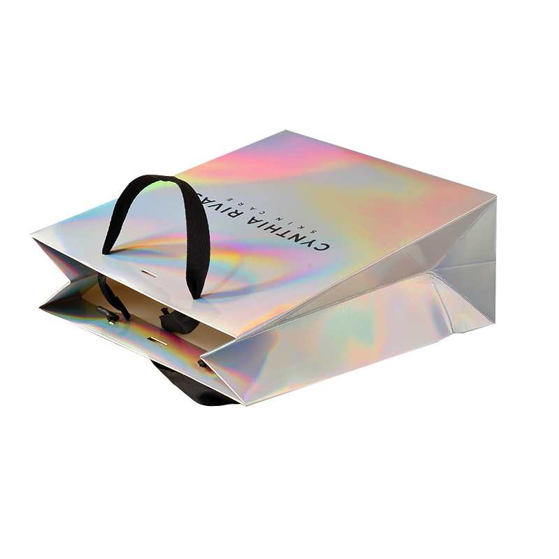 Custom luxury logo prinred gift packaging holographic paper bag with handle