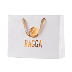 Custom high quality gold foil clothing shopping printing packaging paper bag with ribbon handle