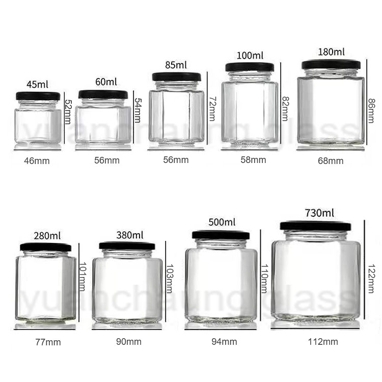 45ml 60ml 85ml 100ml 180ml 280ml 380ml 500ml 730ml Aight Tight Hexagonal Glass Jar for Honey and Pickle