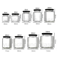 45ml 60ml 85ml 100ml 180ml 280ml 380ml 500ml 730ml Aight Tight Hexagonal Glass Jar for Honey and Pickle