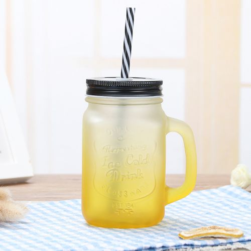 455ml Wide Mouth Glass Jar with Handles Straws Lids