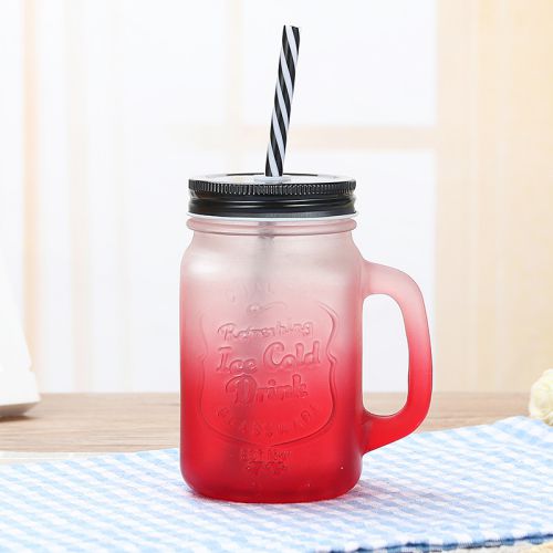 455ml Wide Mouth Glass Jar with Handles Straws Lids