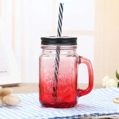 455ml Wide Mouth Glass Jar with Handles Straws Lids