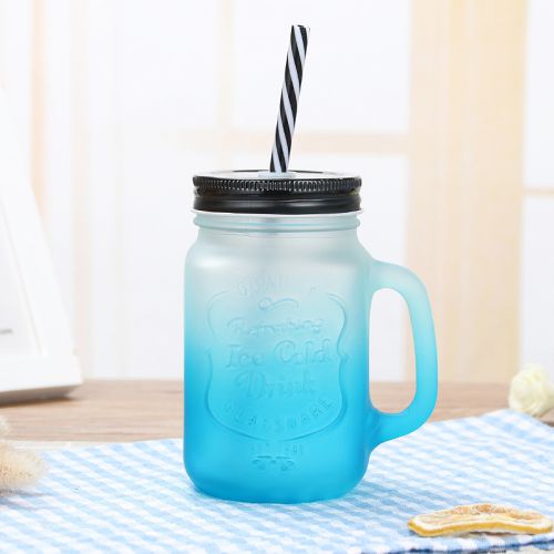 455ml Wide Mouth Glass Jar with Handles Straws Lids