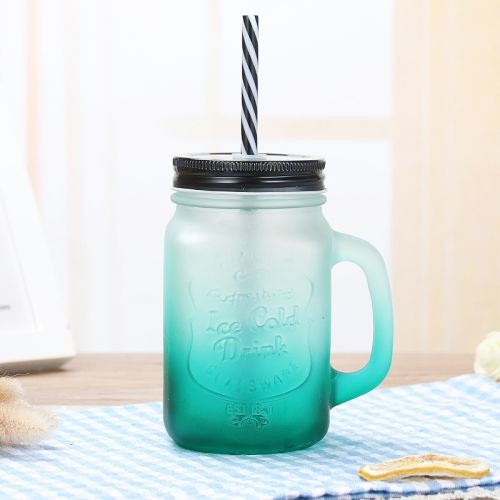 455ml Wide Mouth Glass Jar with Handles Straws Lids