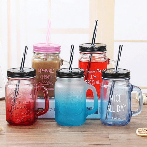 500ml 700ml Wide Mouth Glass Mason Jar with Handles Straws and Lids