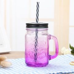 455ml Wide Mouth Glass Jar with Handles Straws Lids