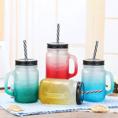 455ml Wide Mouth Glass Jar with Handles Straws Lids