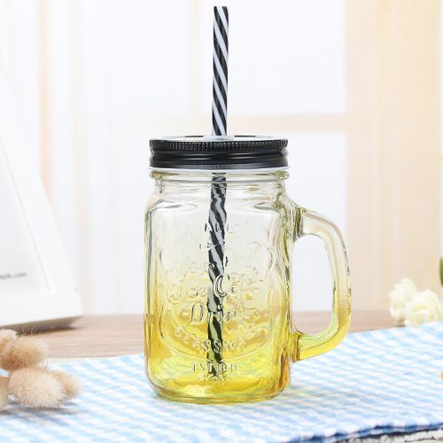 455ml Wide Mouth Glass Jar with Handles Straws Lids