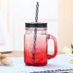 455ml Wide Mouth Glass Jar with Handles Straws Lids