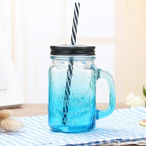 455ml Wide Mouth Glass Jar with Handles Straws Lids