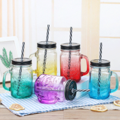 455ml Wide Mouth Glass Jar with Handles Straws Lids