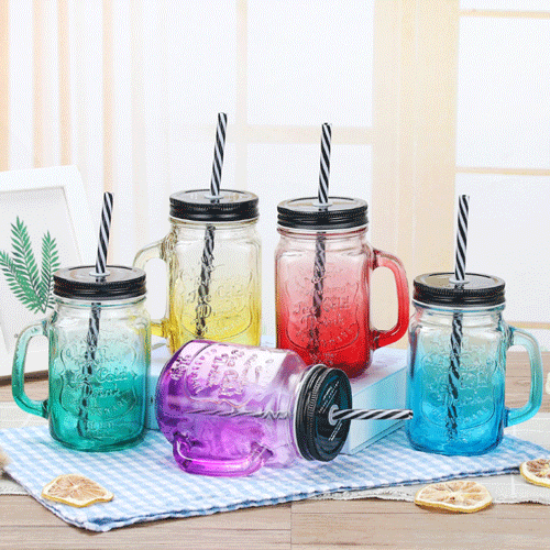 455ml Wide Mouth Glass Jar with Handles Straws Lids