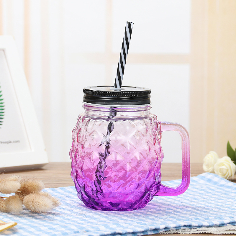 455ml Pineapple Shape Glass Jar with Handles Straws Lids