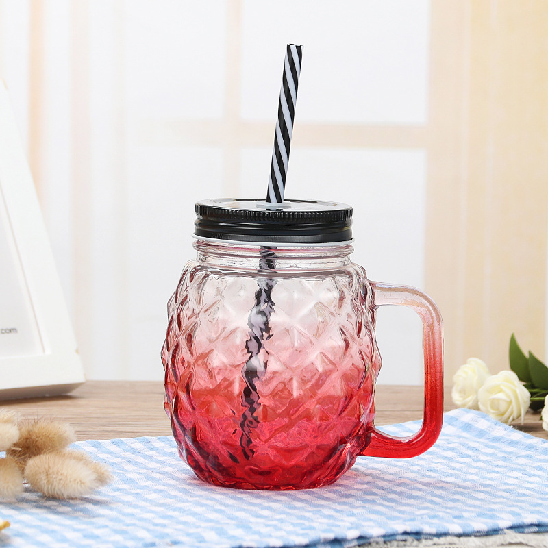 455ml Pineapple Shape Glass Jar with Handles Straws Lids