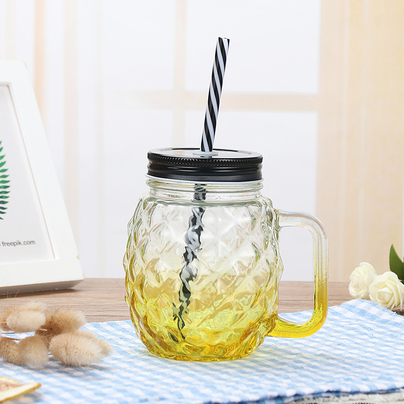 455ml Pineapple Shape Glass Jar with Handles Straws Lids