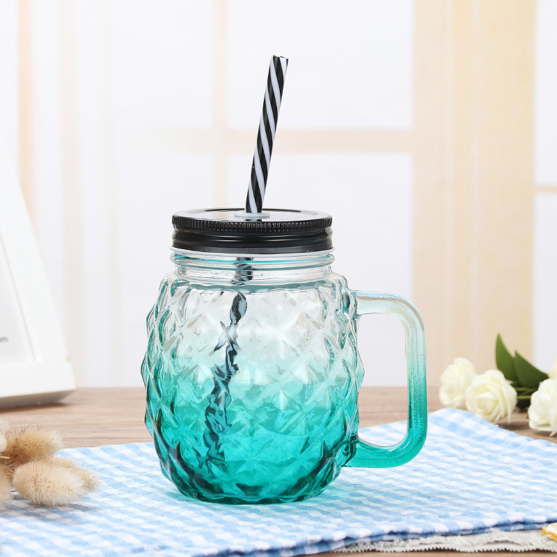 455ml Pineapple Shape Glass Jar with Handles Straws Lids