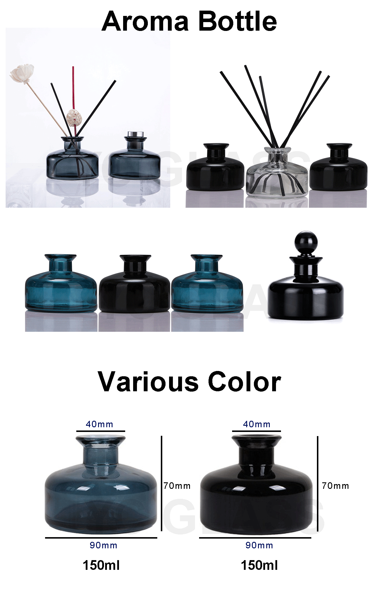 CD-219 Customized 150ml Empty Black Cap Round Fragrance Reed Diffuser Glass  Bottle