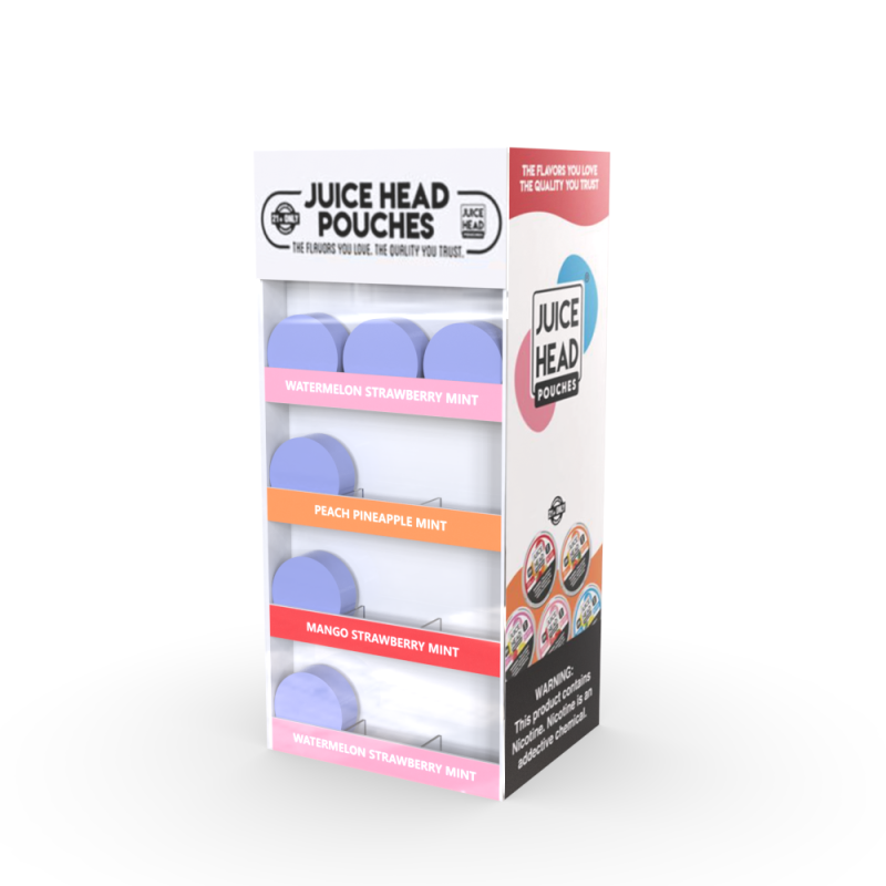 JUICE HEAD Pouches acrylic display stand with puhers