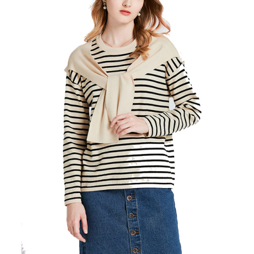 Women striped long-sleeved shawl sweater