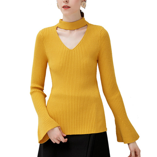 Women's hanging neck hollow base stretchy knitwear Tops long sleeve