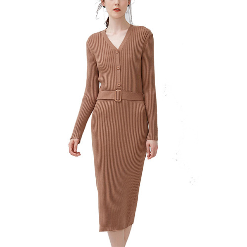 Womens V-neck long sleeve slim knit midi dress