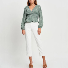 Women fashion long sleeve V Neck Casual print wrap top