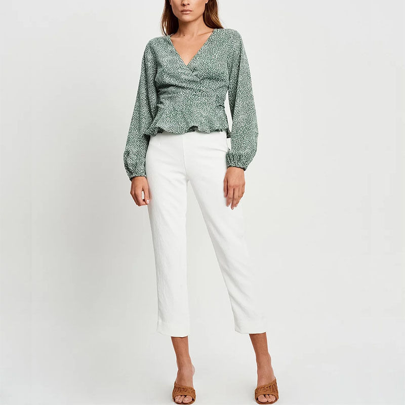 Women fashion long sleeve V Neck Casual print wrap top