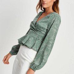 Women fashion long sleeve V Neck Casual print wrap top