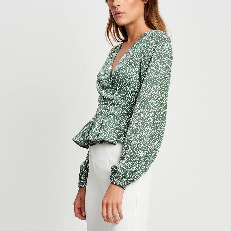 Women fashion long sleeve V Neck Casual print wrap top