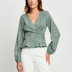 Women fashion long sleeve V Neck Casual print wrap top