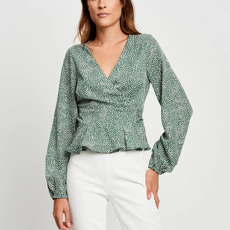 Women fashion long sleeve V Neck Casual print wrap top