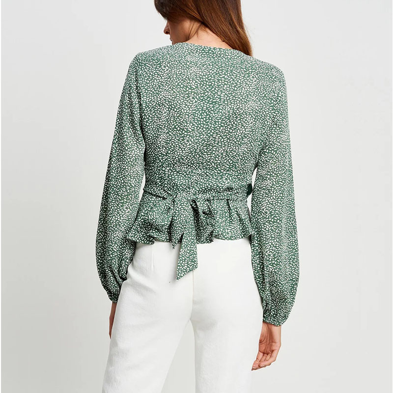 Women fashion long sleeve V Neck Casual print wrap top