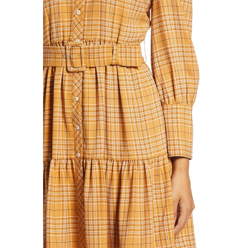 Belted long sleeve button down shirt dress for women