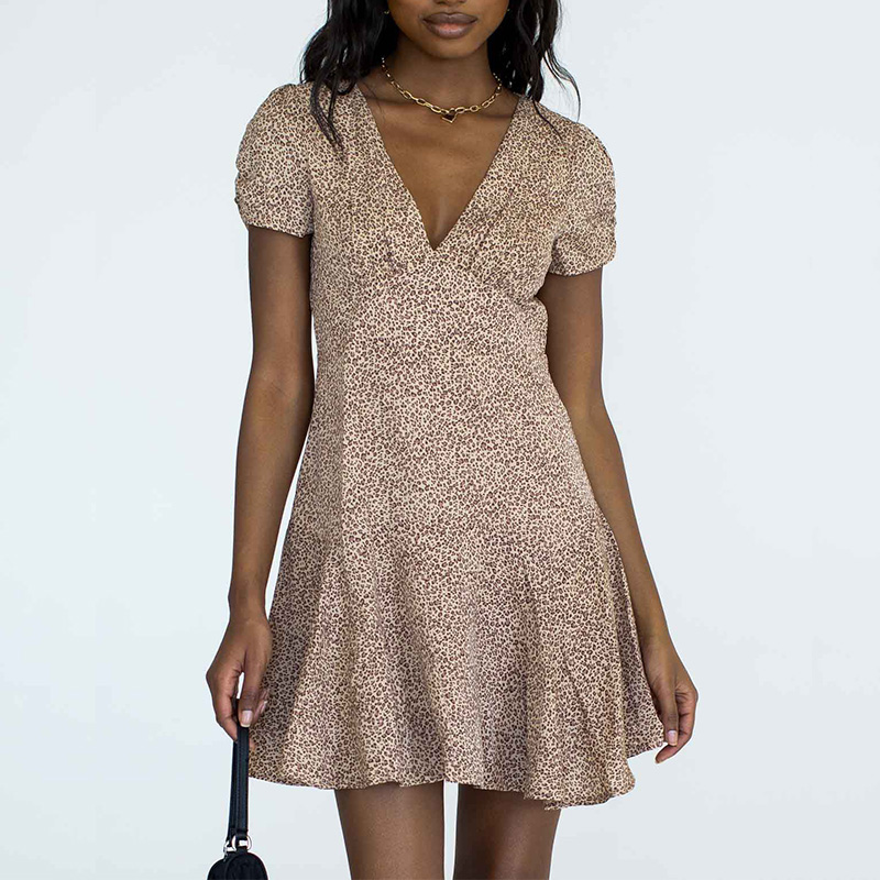 Summer short sleeve V neck Leopard print mini dress