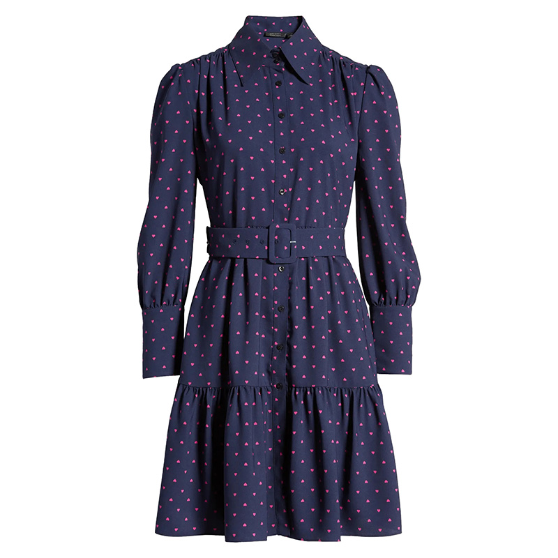Belted long sleeve button down shirt dress for women